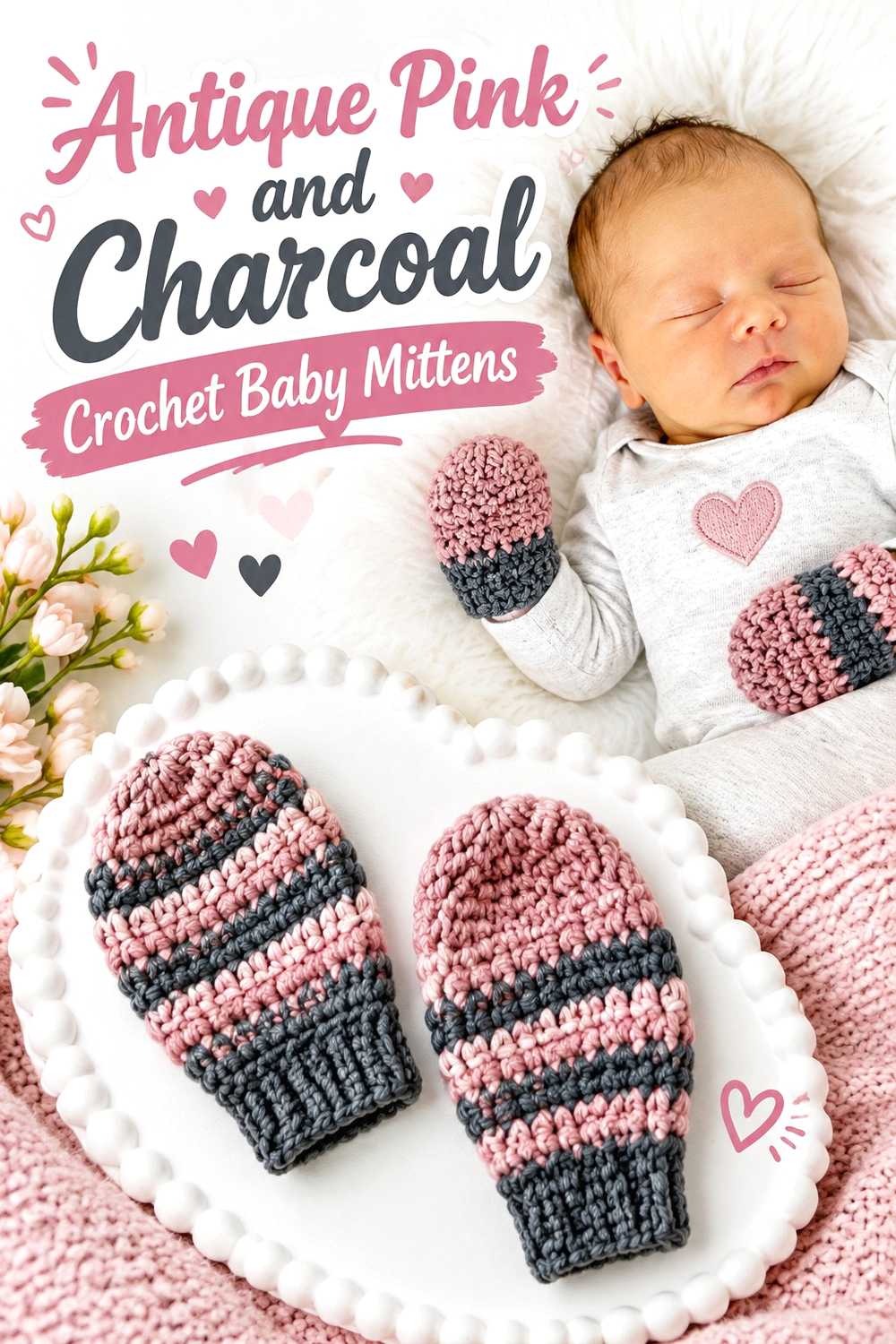10. Antique Pink And Charcoal Crochet Baby Mittens