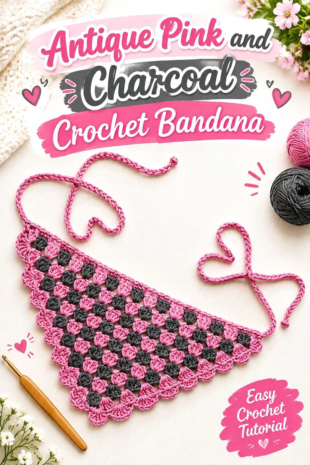12. Antique Pink And Charcoal Crochet Bandana