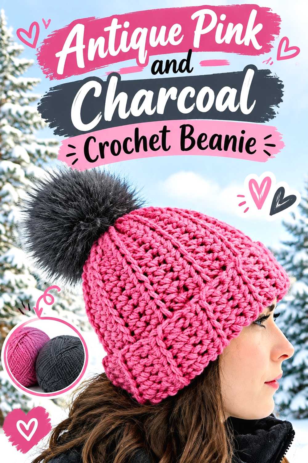 3. Antique Pink And Charcoal Crochet Beanie