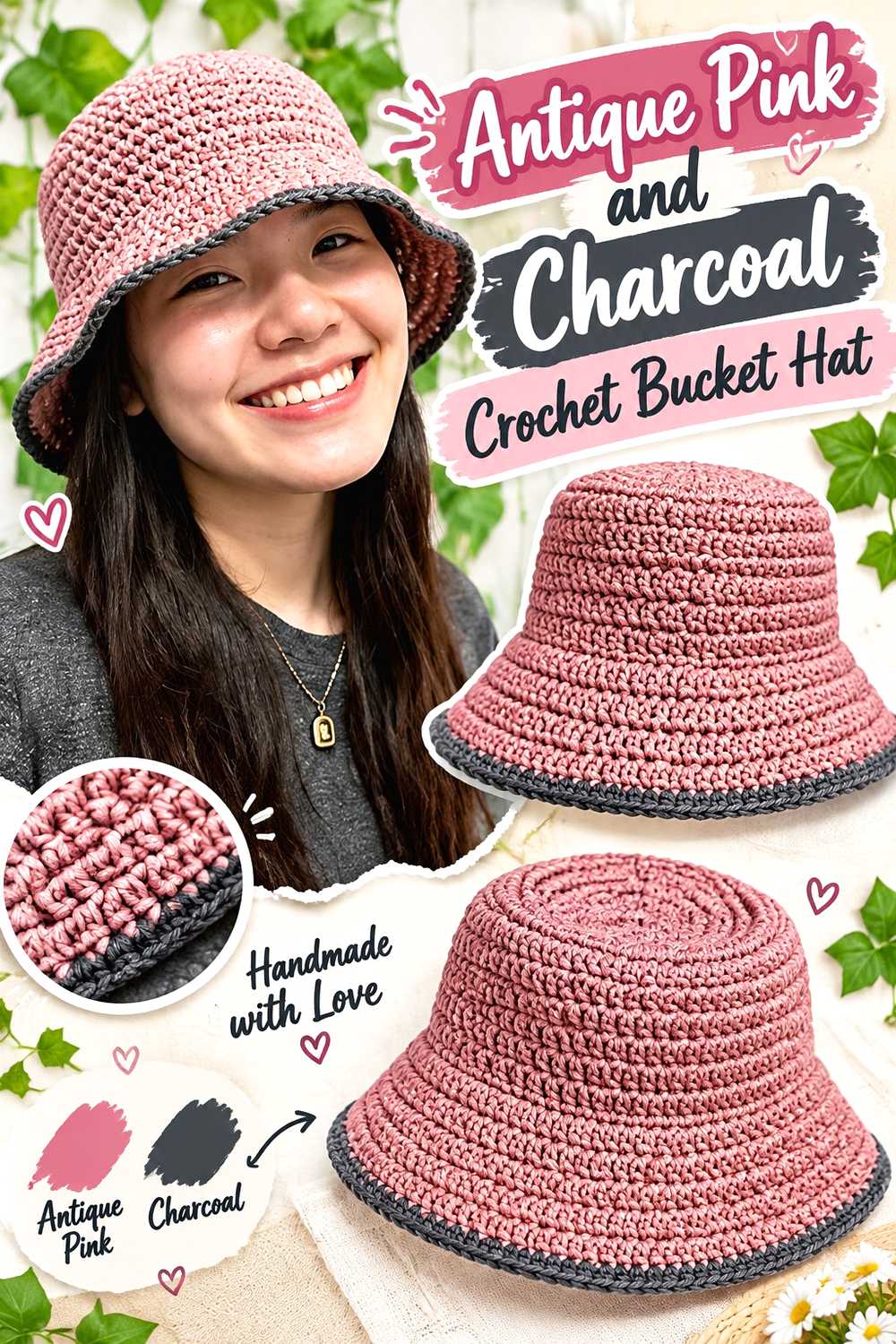 14. Antique Pink And Charcoal Crochet Bucket Hat