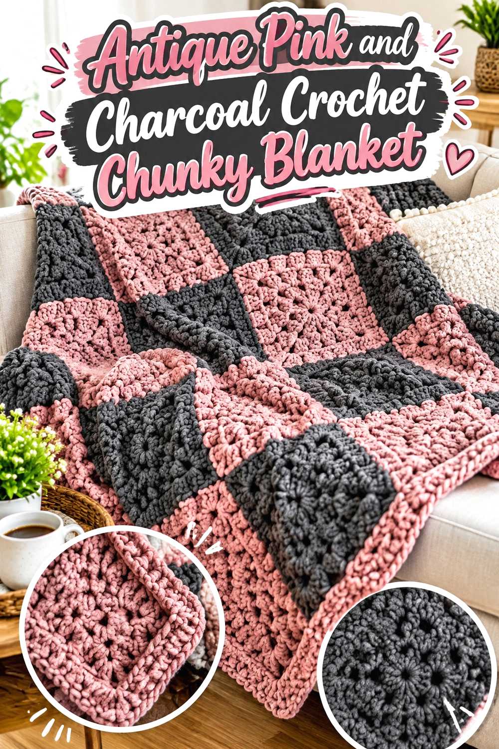 9. Antique Pink And Charcoal Crochet Chunky Blanket
