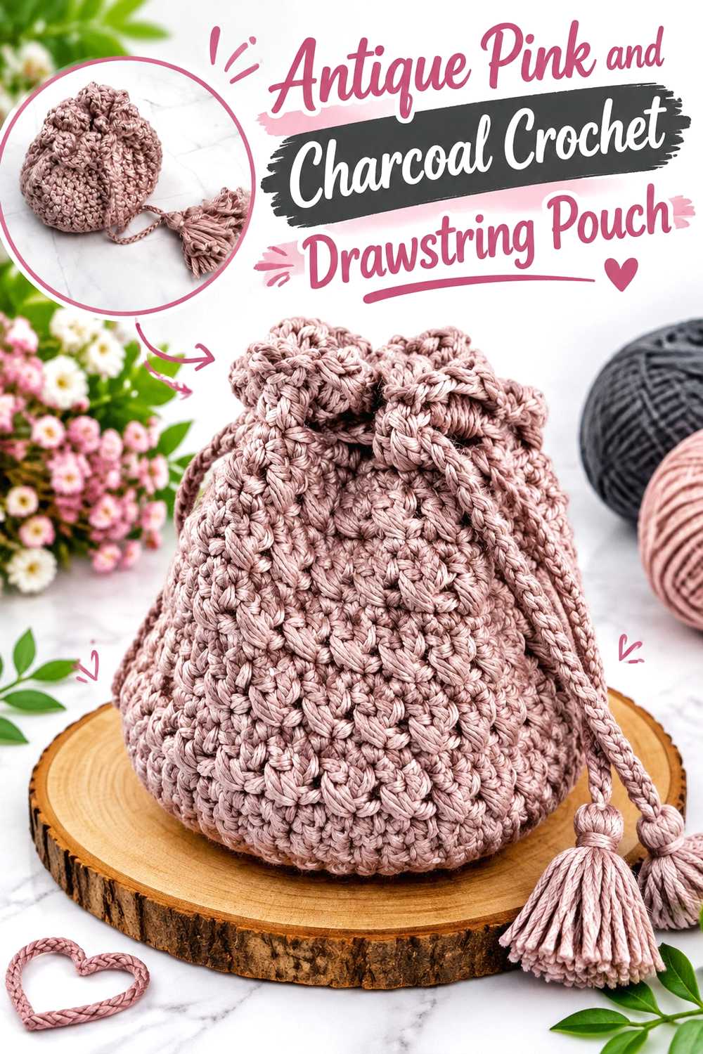 6. Antique Pink And Charcoal Crochet Drawstring Pouch