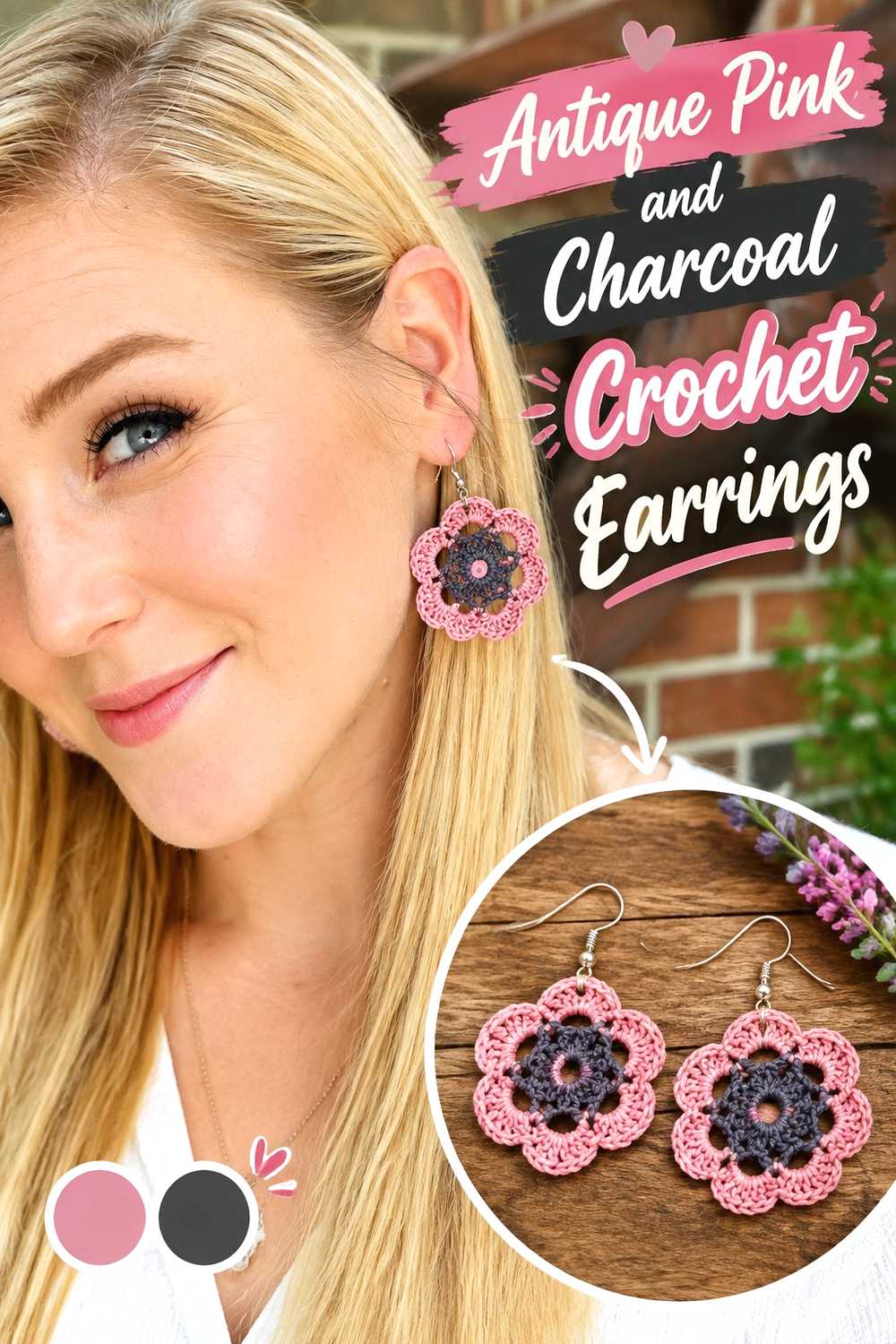 4. Antique Pink And Charcoal Crochet Earrings