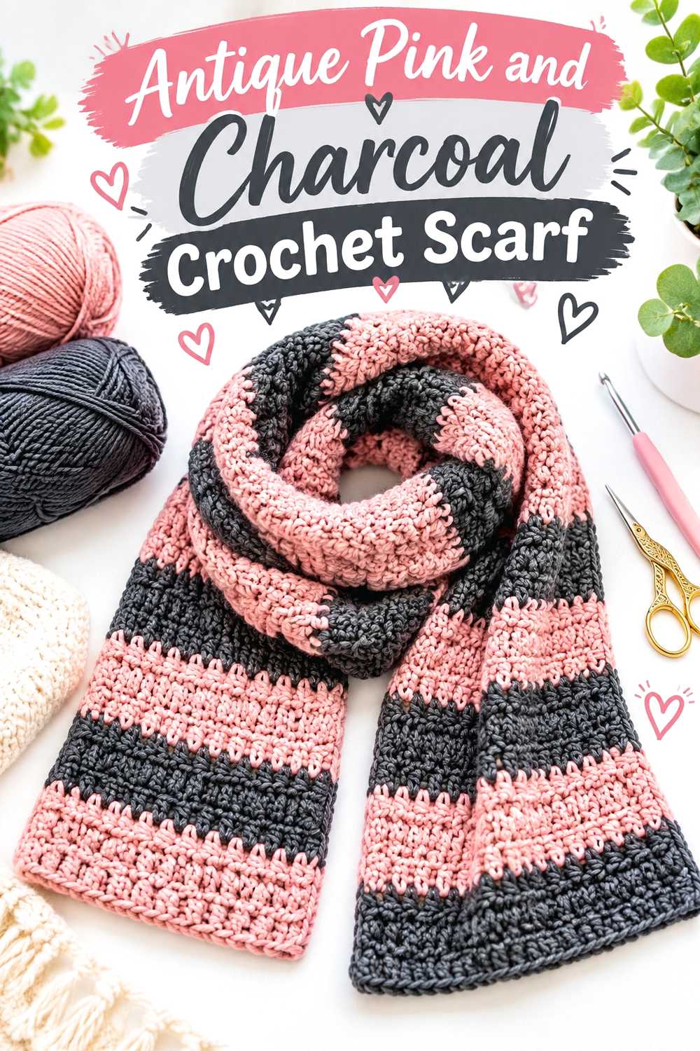 2. Antique Pink And Charcoal Crochet Scarf