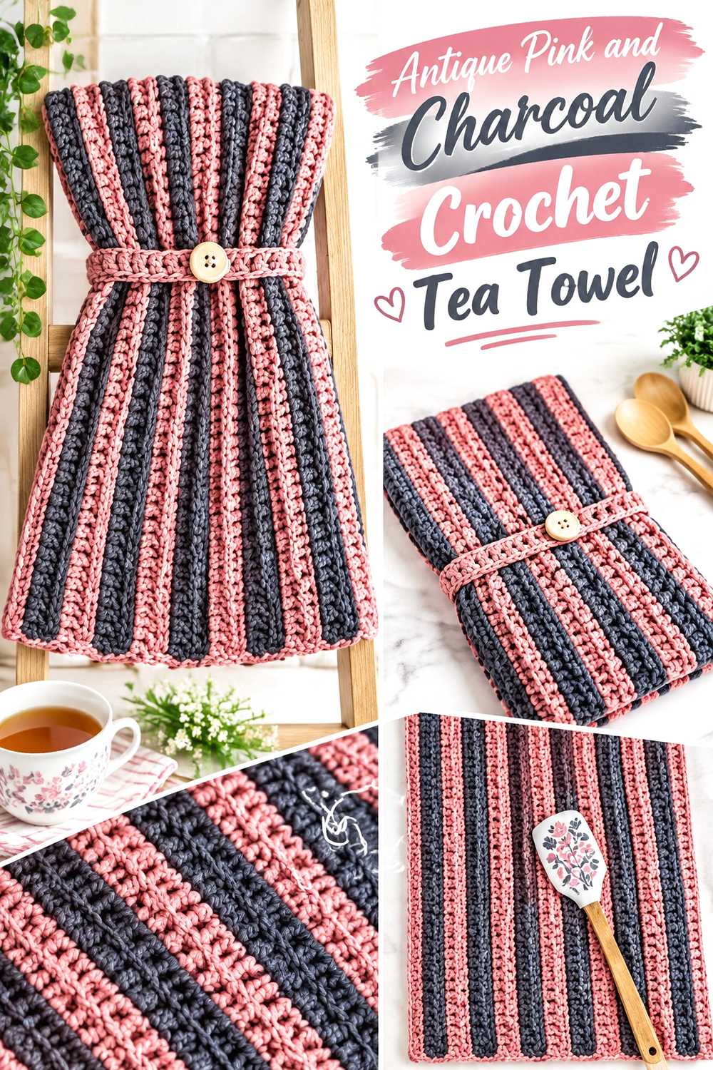 7. Antique Pink And Charcoal Crochet Tea Towel