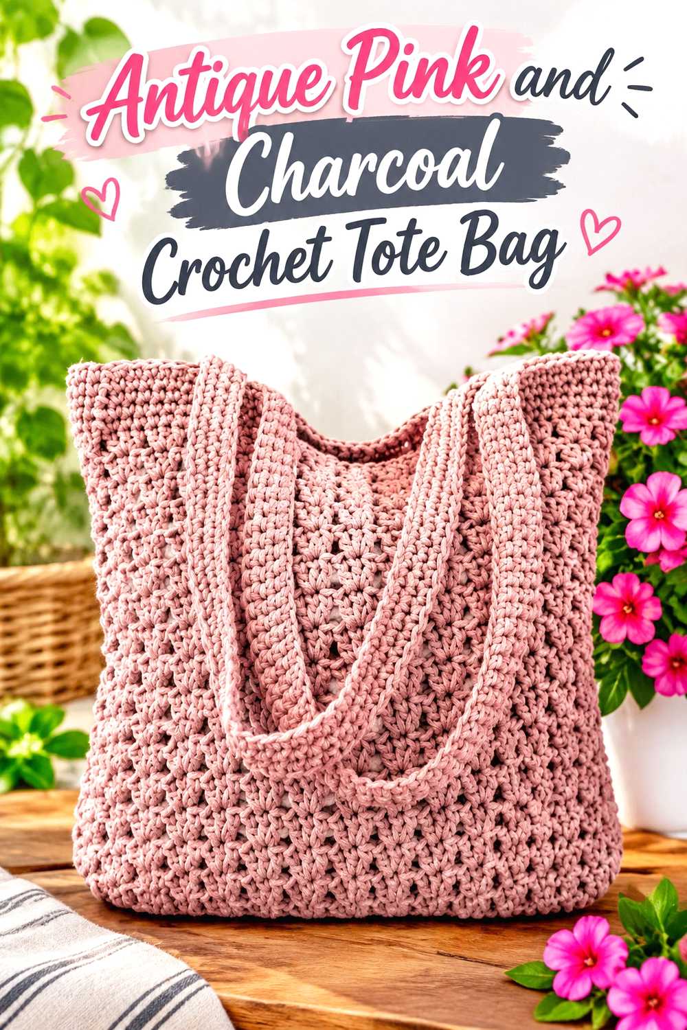 1. Antique Pink And Charcoal Crochet Tote Bag