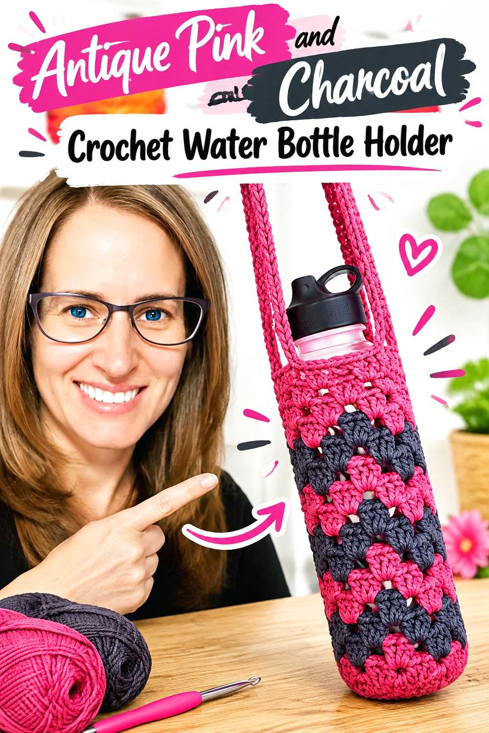 13. Antique Pink And Charcoal Crochet Water Bottle Holder