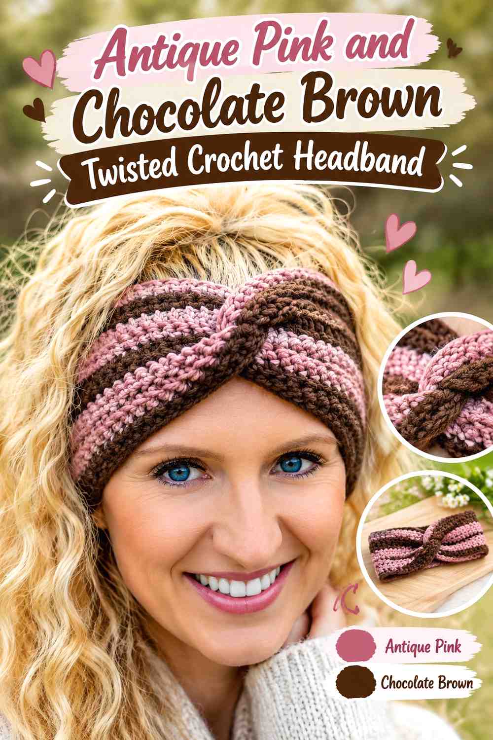 10. Antique Pink And Chocolate Brown Twisted Crochet Headband