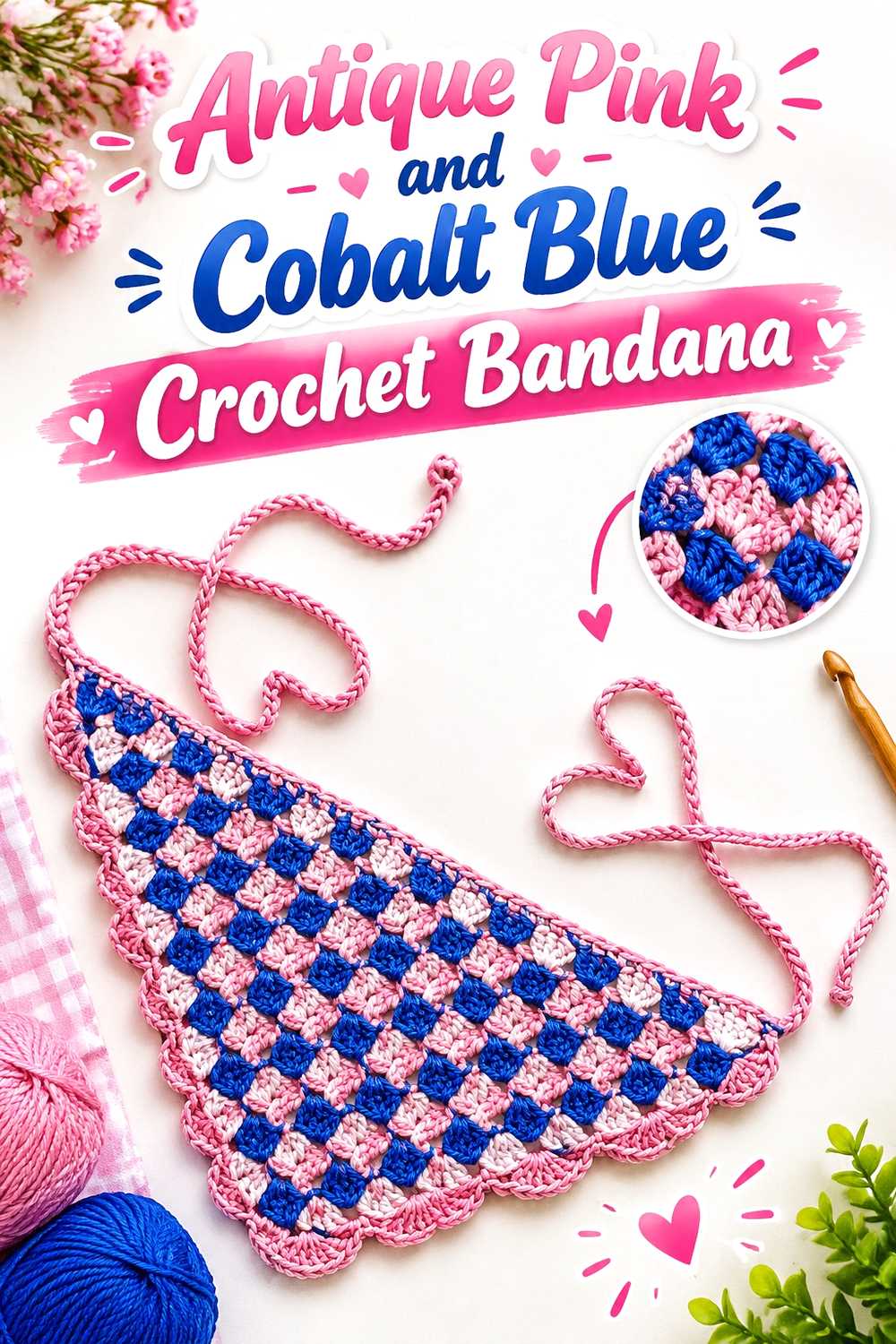 15. Antique Pink And Cobalt Blue Crochet Bandana