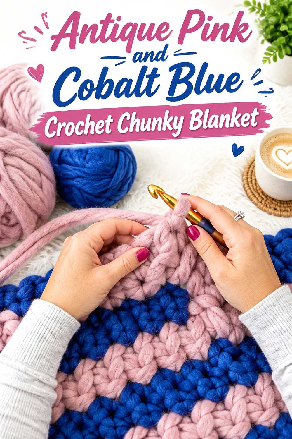 5. Antique Pink And Cobalt Blue Crochet Chunky Blanket