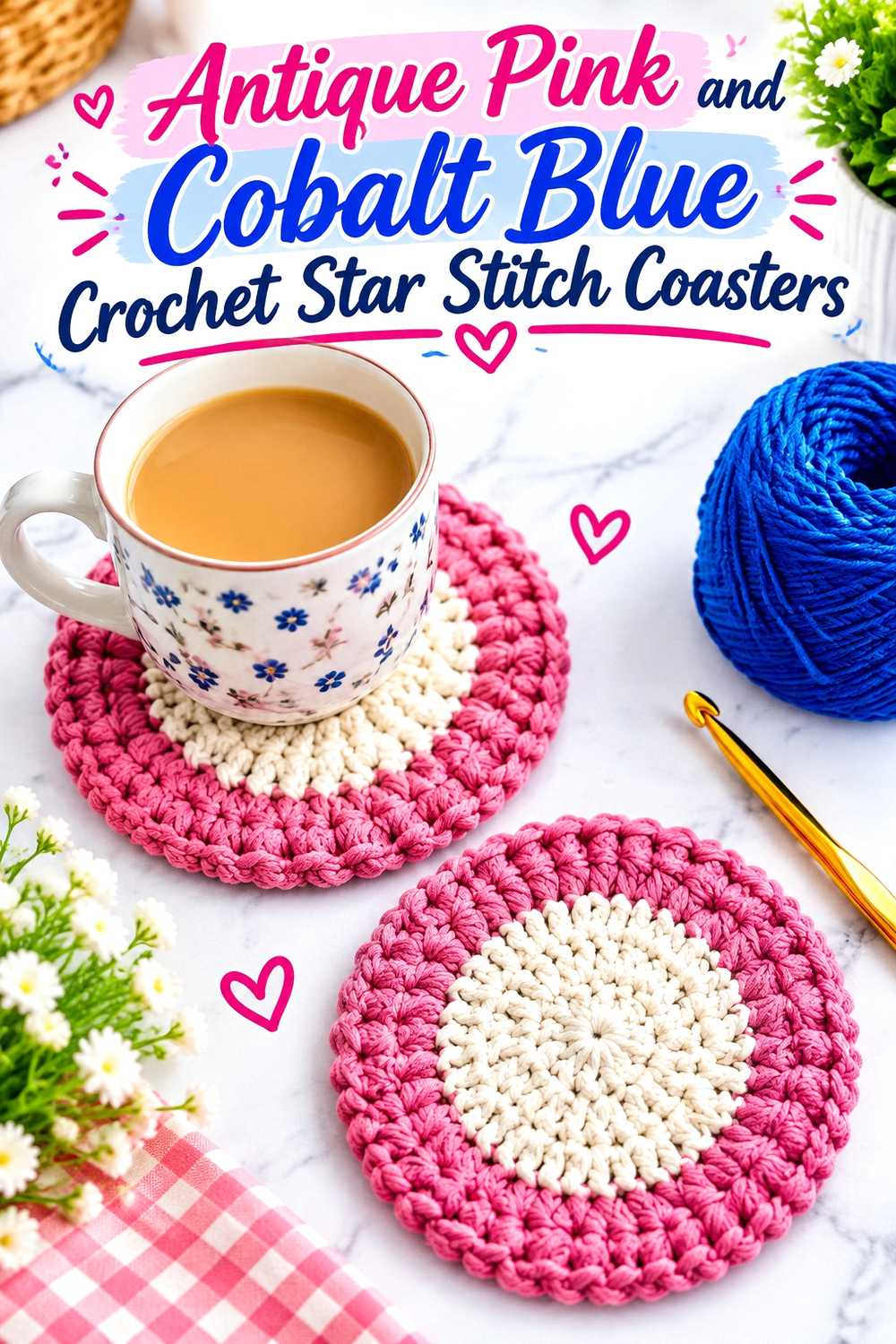 8. Antique Pink And Cobalt Blue Crochet Star Stitch Coasters