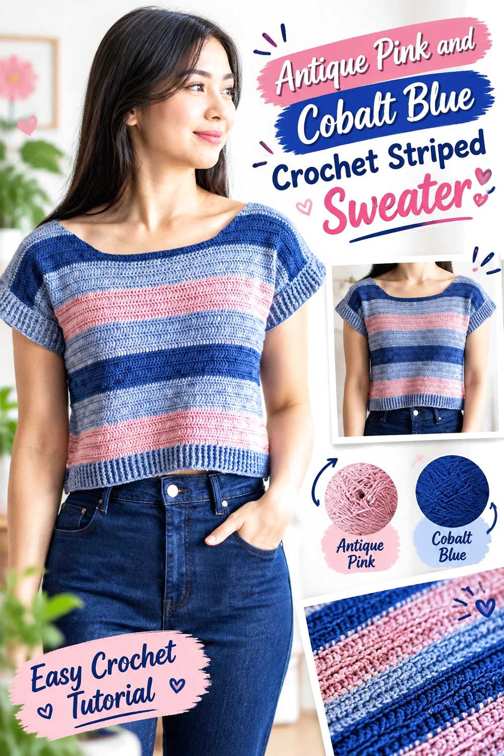9. Antique Pink And Cobalt Blue Crochet Striped Sweater
