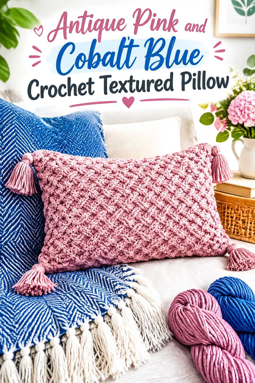 11. Antique Pink And Cobalt Blue Crochet Textured Pillow
