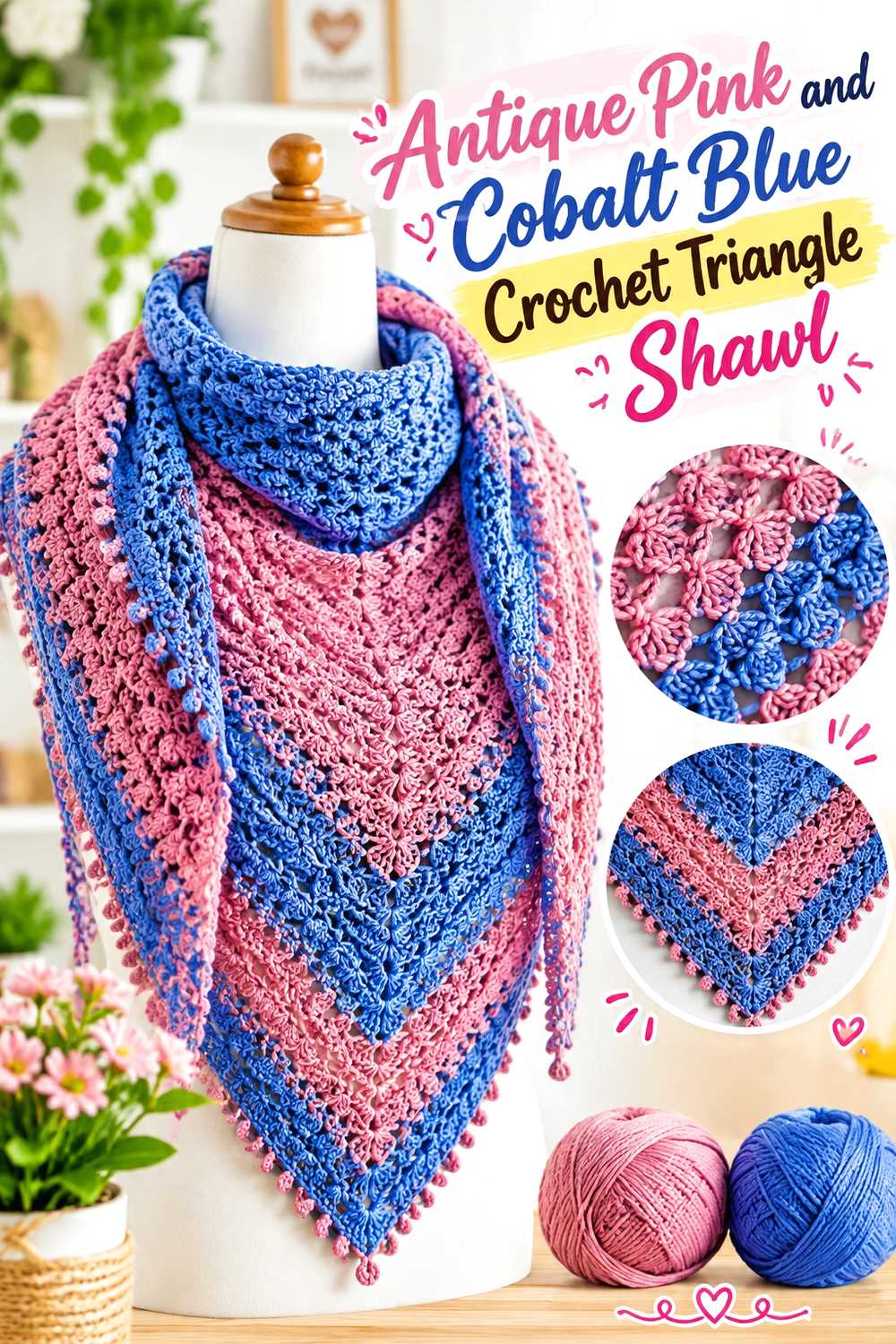 13. Antique Pink And Cobalt Blue Crochet Triangle Shawl