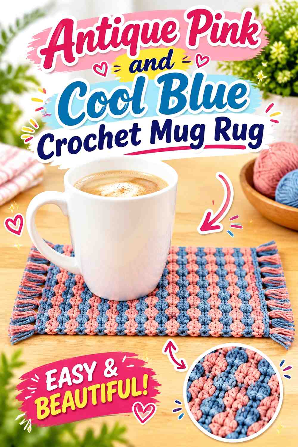 12. Antique Pink And Cool Blue Crochet Mug Rug