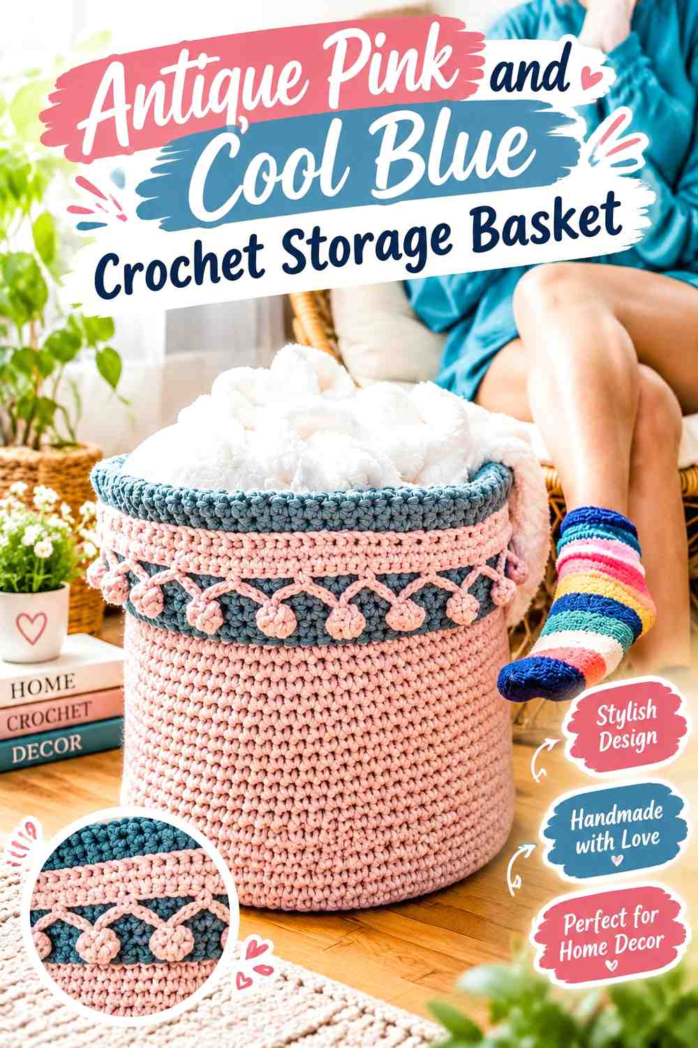 6. Antique Pink And Cool Blue Crochet Storage Basket