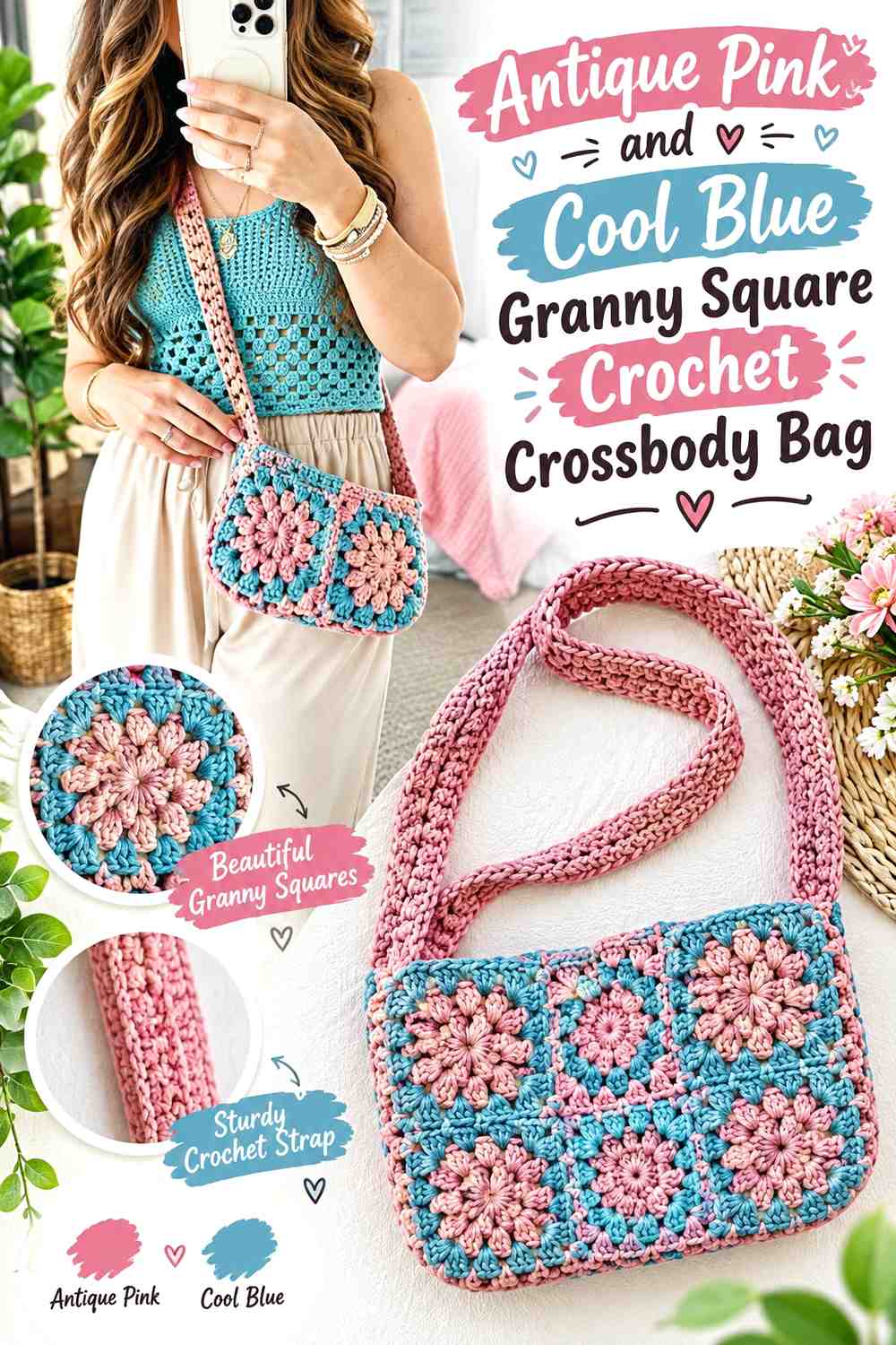 17. Antique Pink And Cool Blue Granny Square Crochet Crossbody Bag
