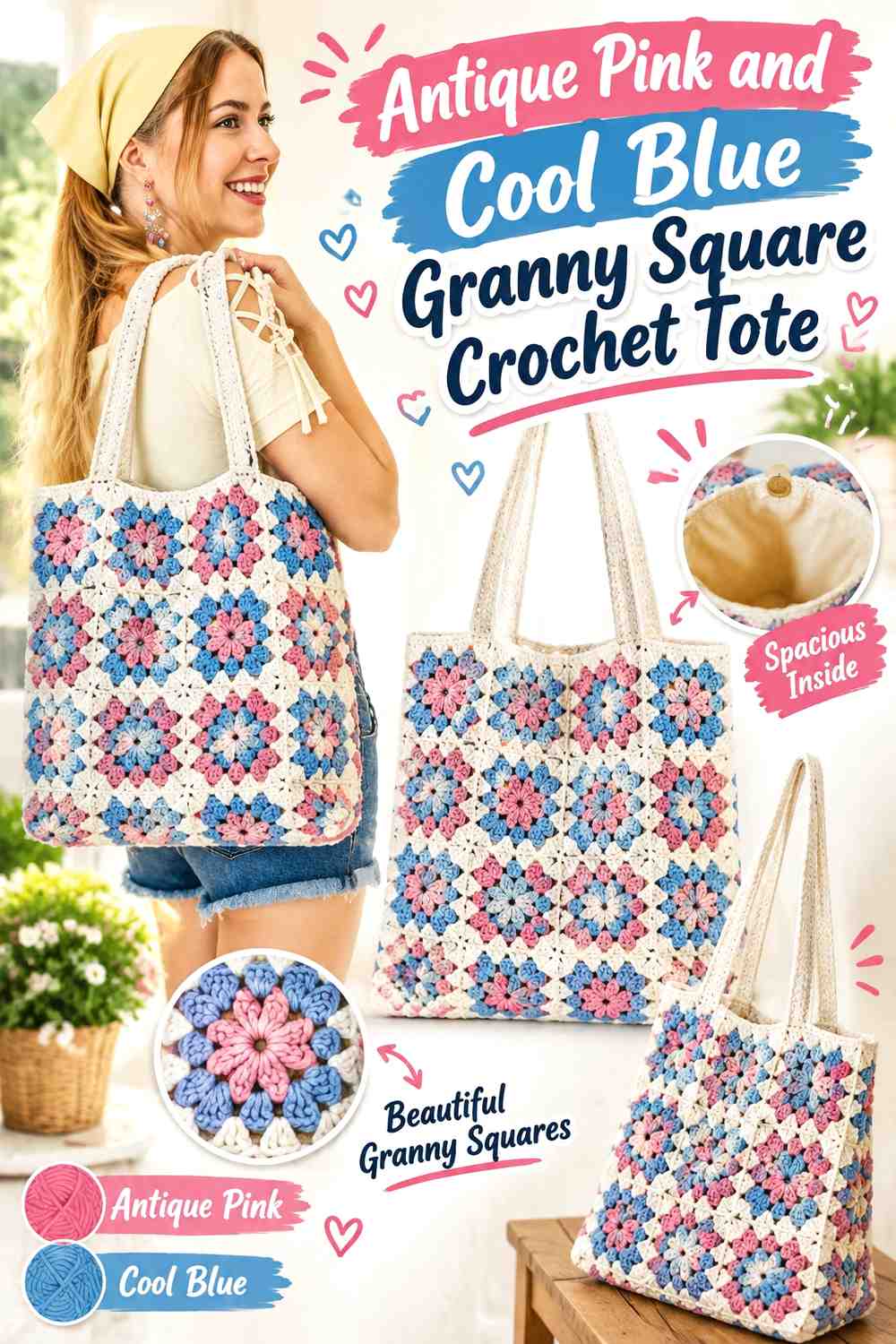 3. Antique Pink And Cool Blue Granny Square Crochet Tote