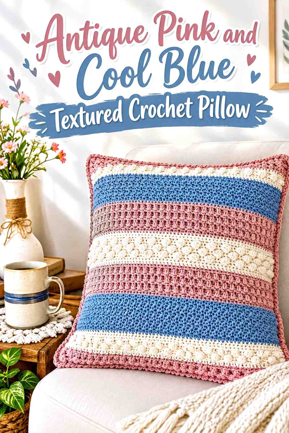 18. Antique Pink And Cool Blue Textured Crochet Pillow
