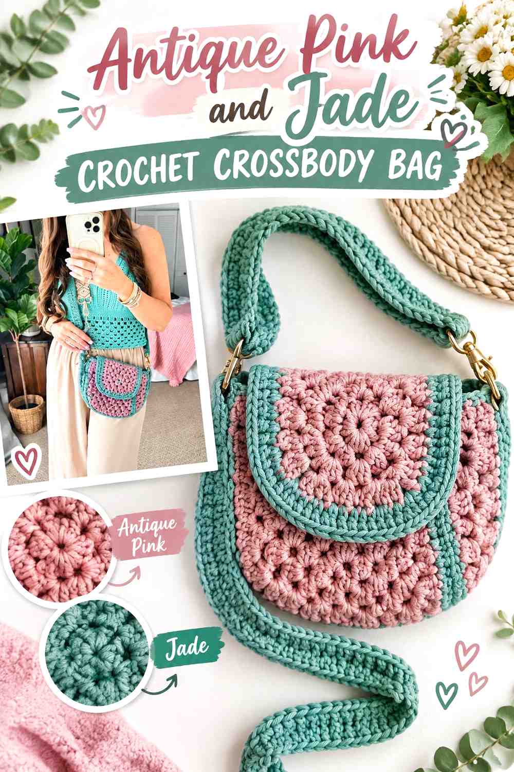 15. Antique Pink And Jade Crochet Crossbody Bag