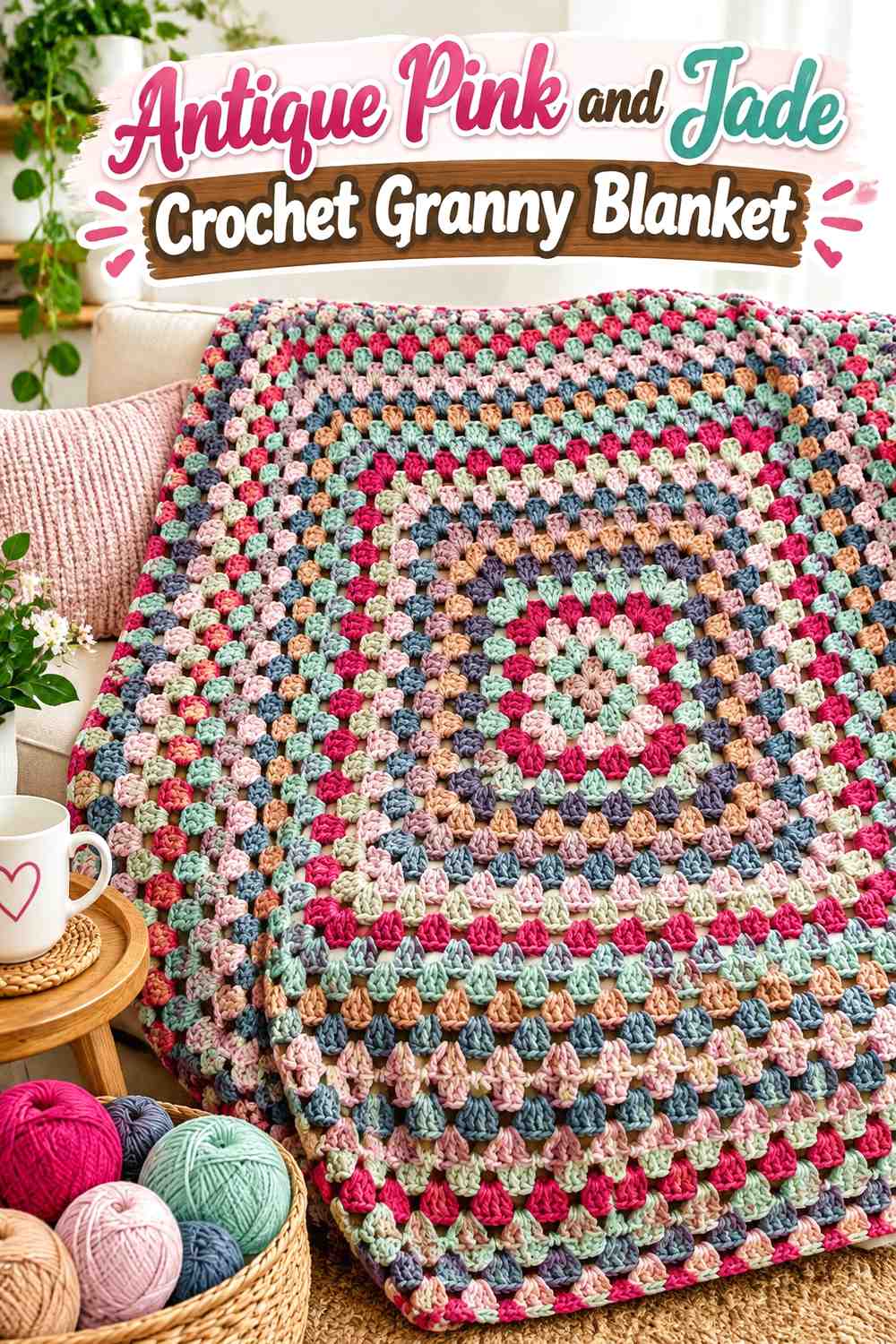 4. Antique Pink And Jade Crochet Granny Blanket