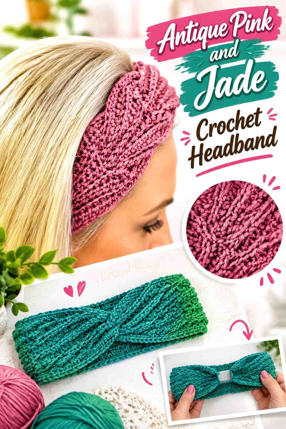 9. Antique Pink And Jade Crochet Headband