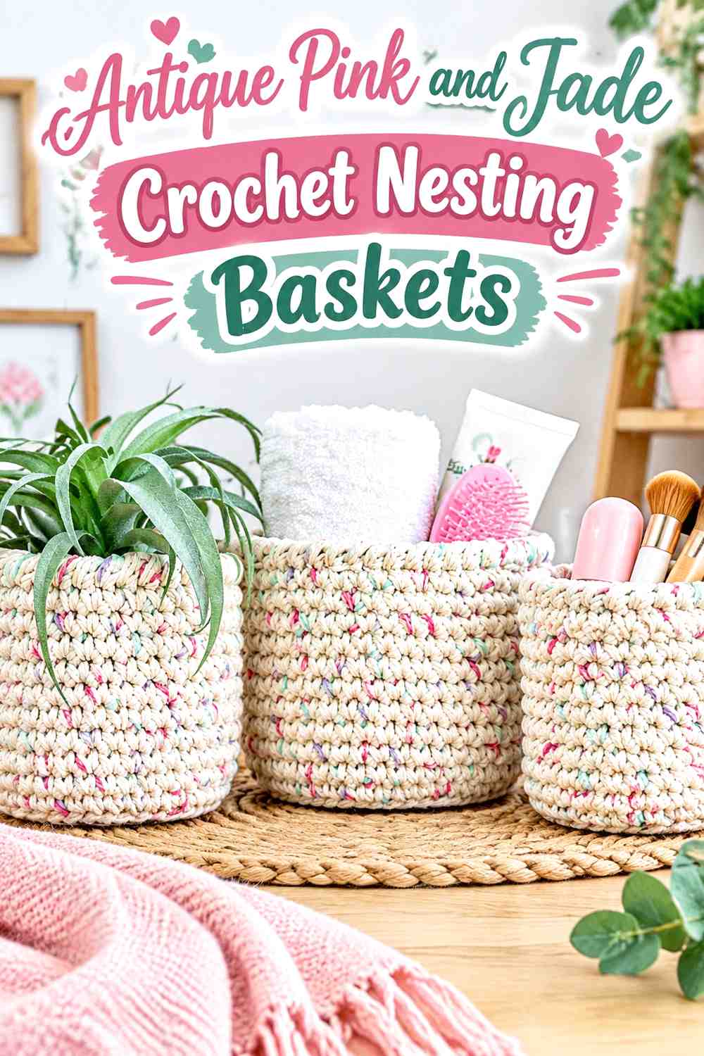 11. Antique Pink And Jade Crochet Nesting Baskets
