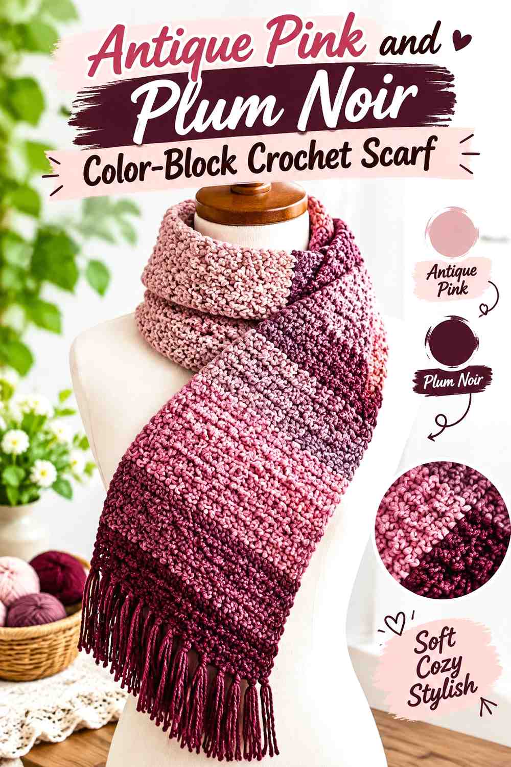 5. Antique Pink And Plum Noir Color Block Crochet Scarf
