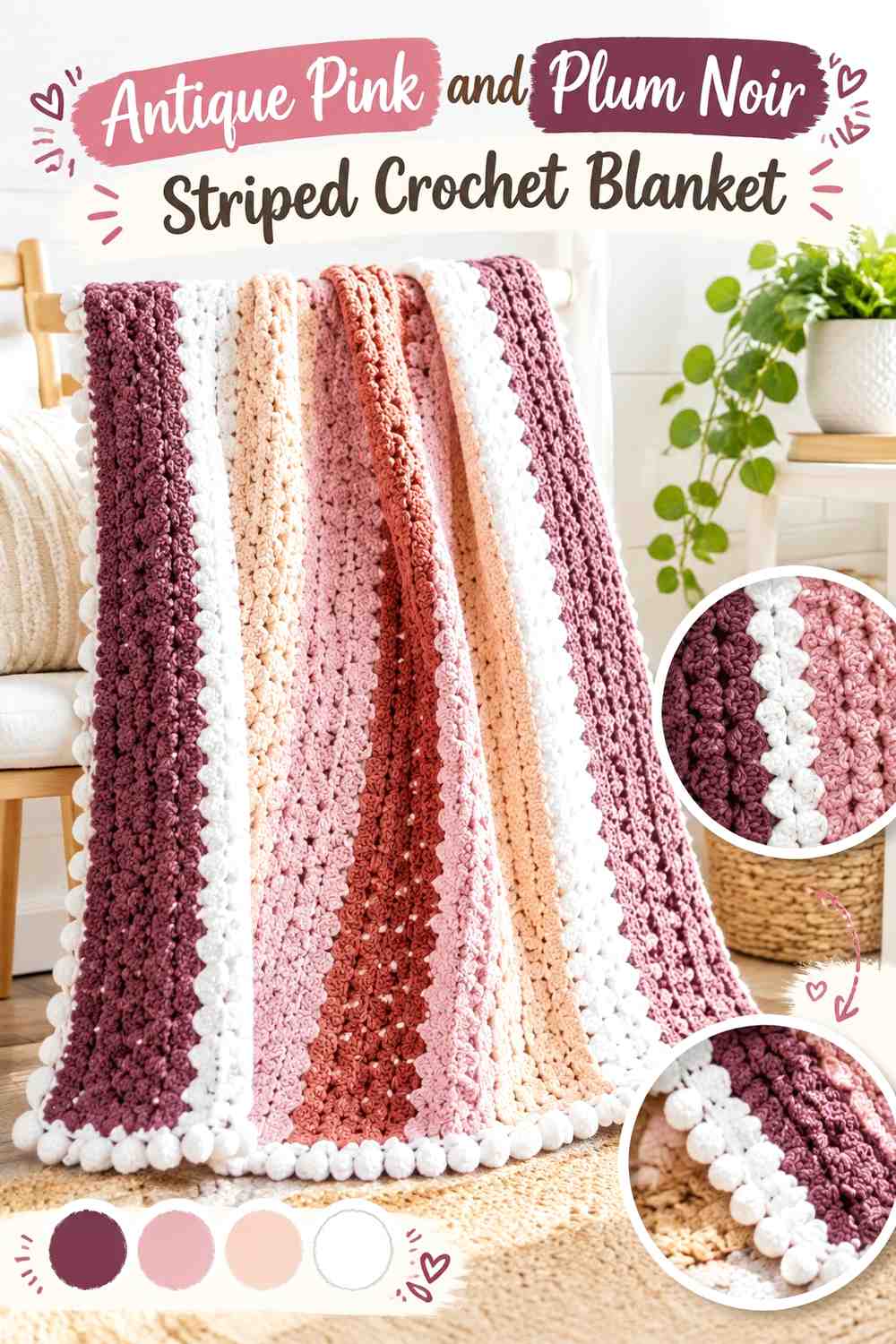 1. Antique Pink And Plum Noir Striped Crochet Blanket