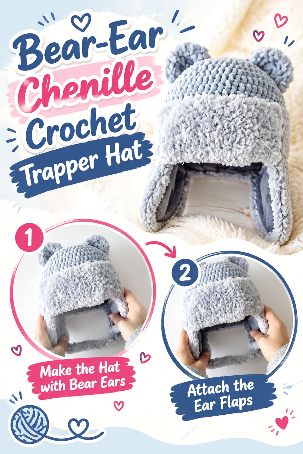 Bear Ear Chenille Crochet Trapper Hat