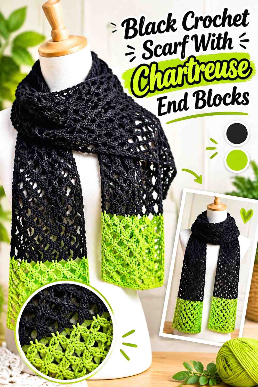 6. Black Crochet Scarf With Chartreuse End Blocks