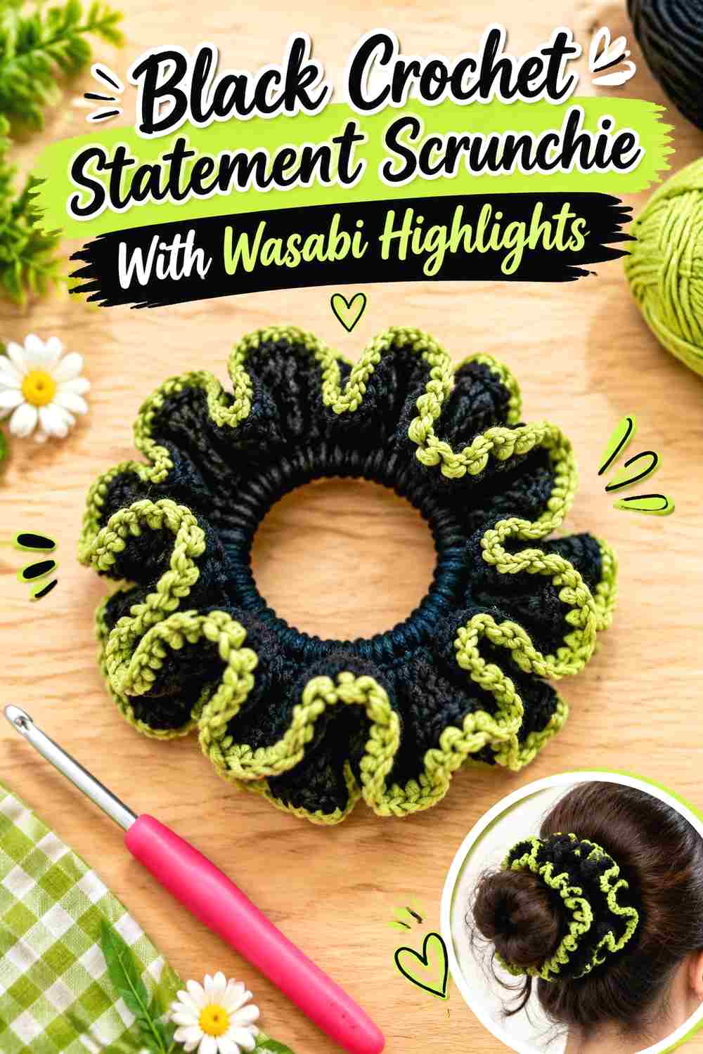 7. Black Crochet Statement Scrunchie With Wasabi Highlights