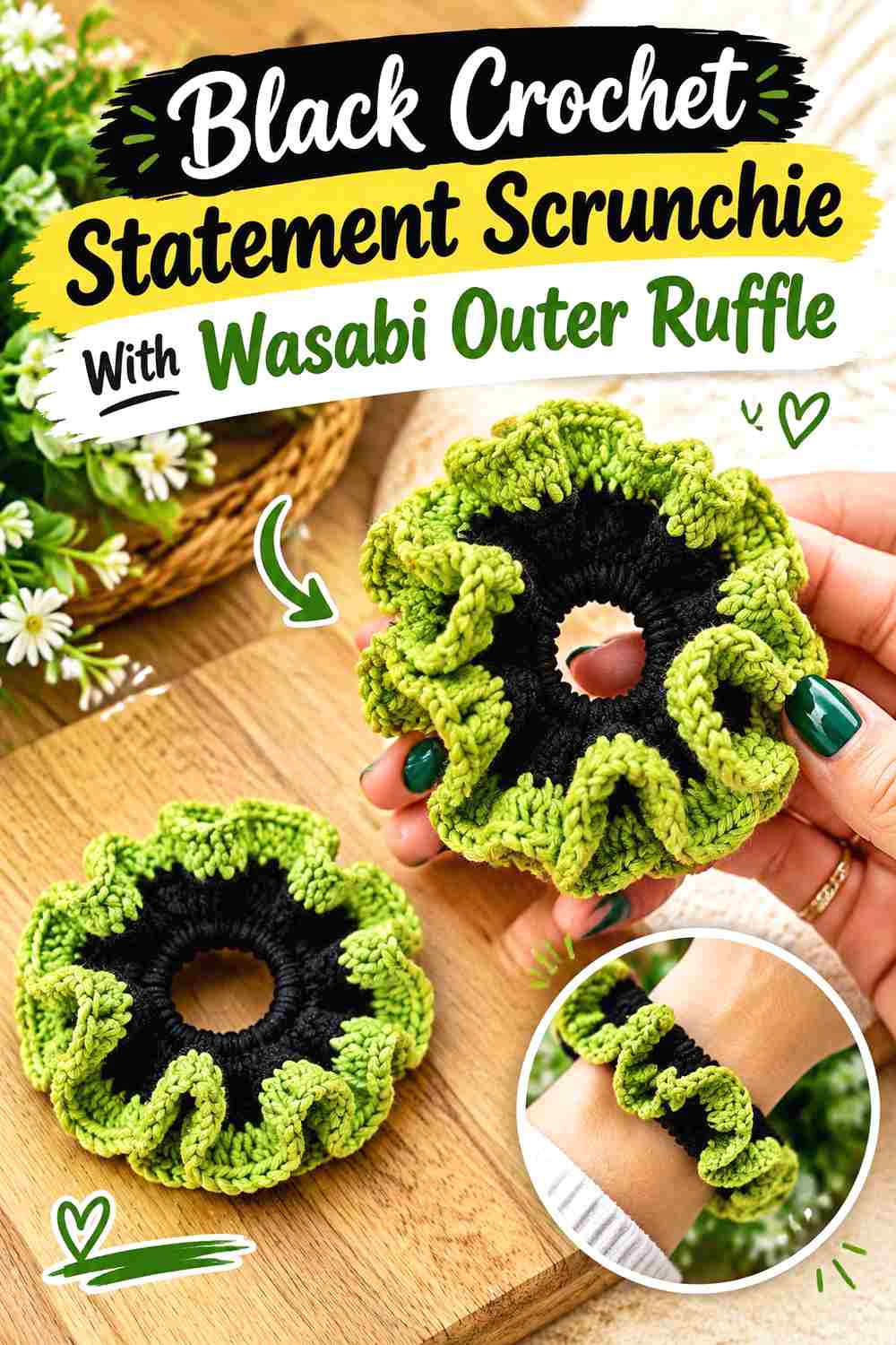 4. Black Crochet Statement Scrunchie With Wasabi Outer Ruffle