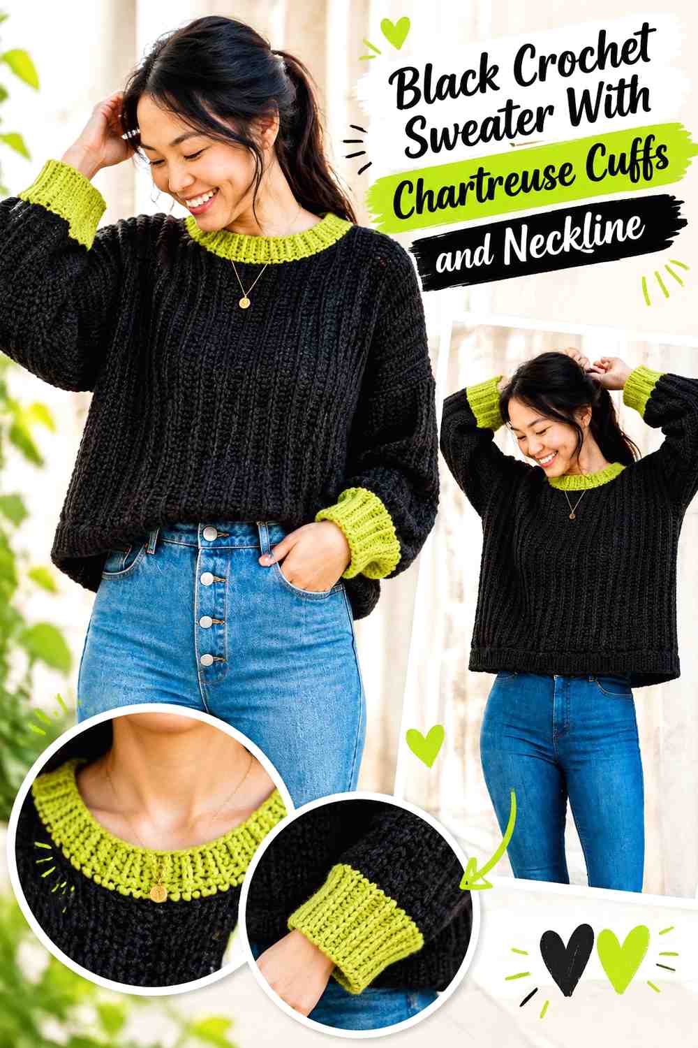 14. Black Crochet Sweater With Chartreuse Cuffs And Neckline