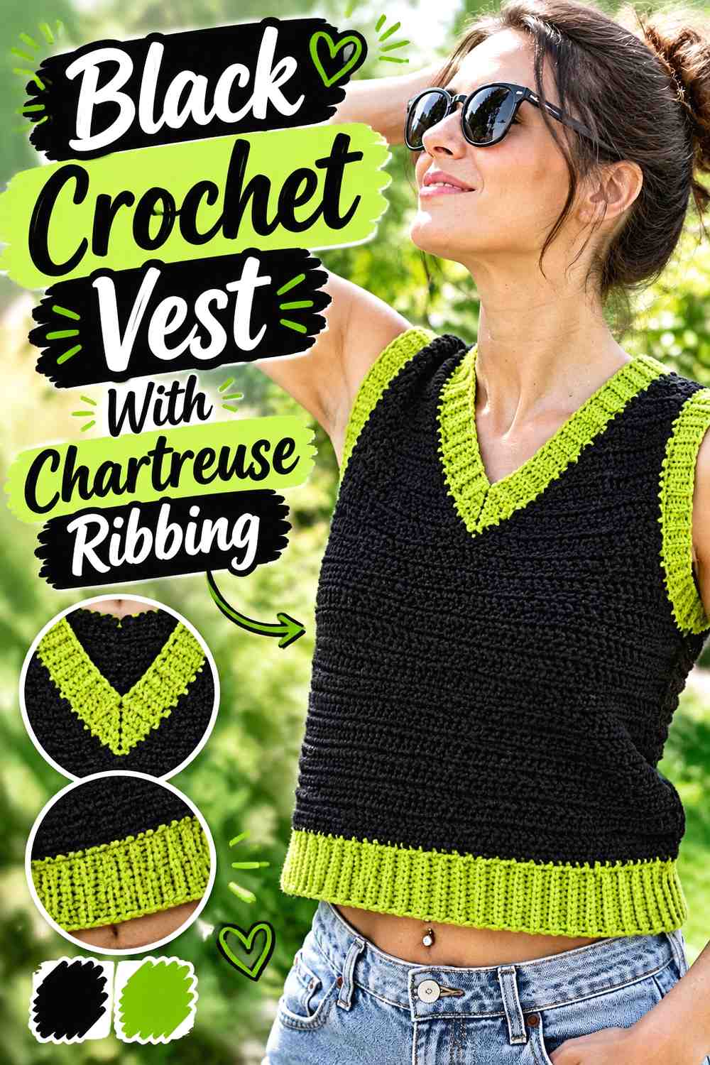8. Black Crochet Vest With Chartreuse Ribbing