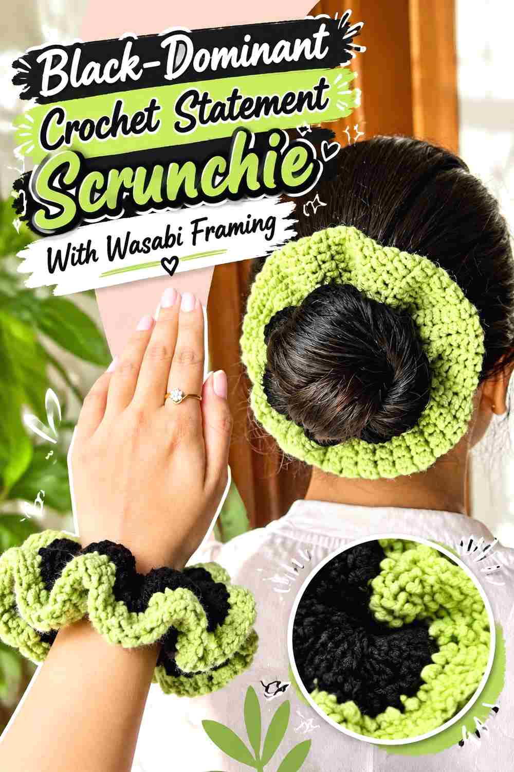 10. Black Dominant Crochet Statement Scrunchie With Wasabi Framing