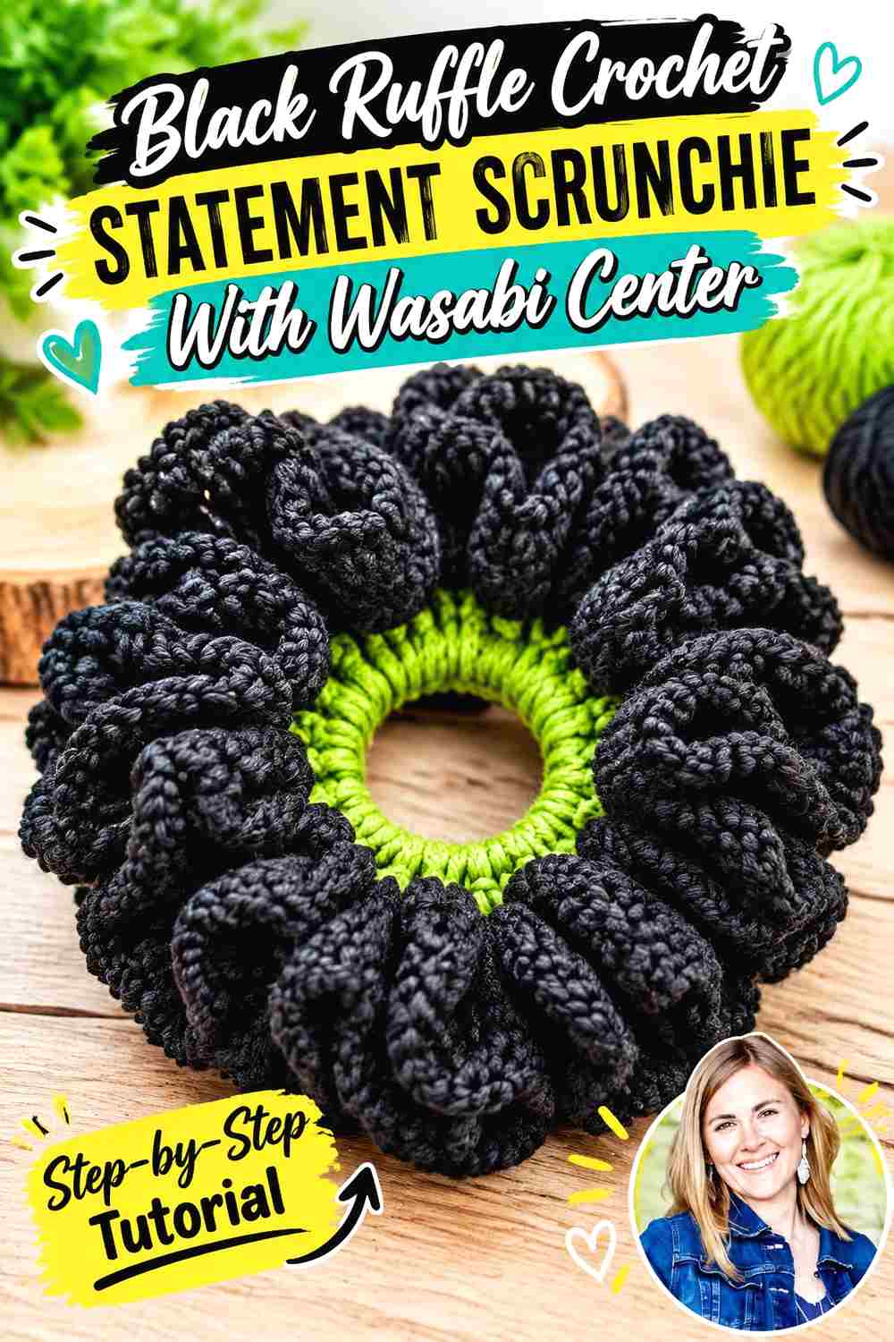 1. Black Ruffle Crochet Statement Scrunchie With Wasabi Center