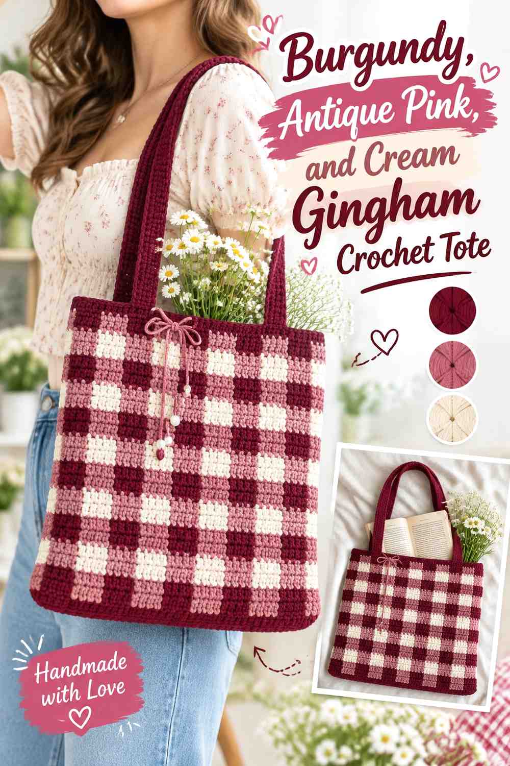 8. Burgundy Antique Pink And Cream Gingham Crochet Tote