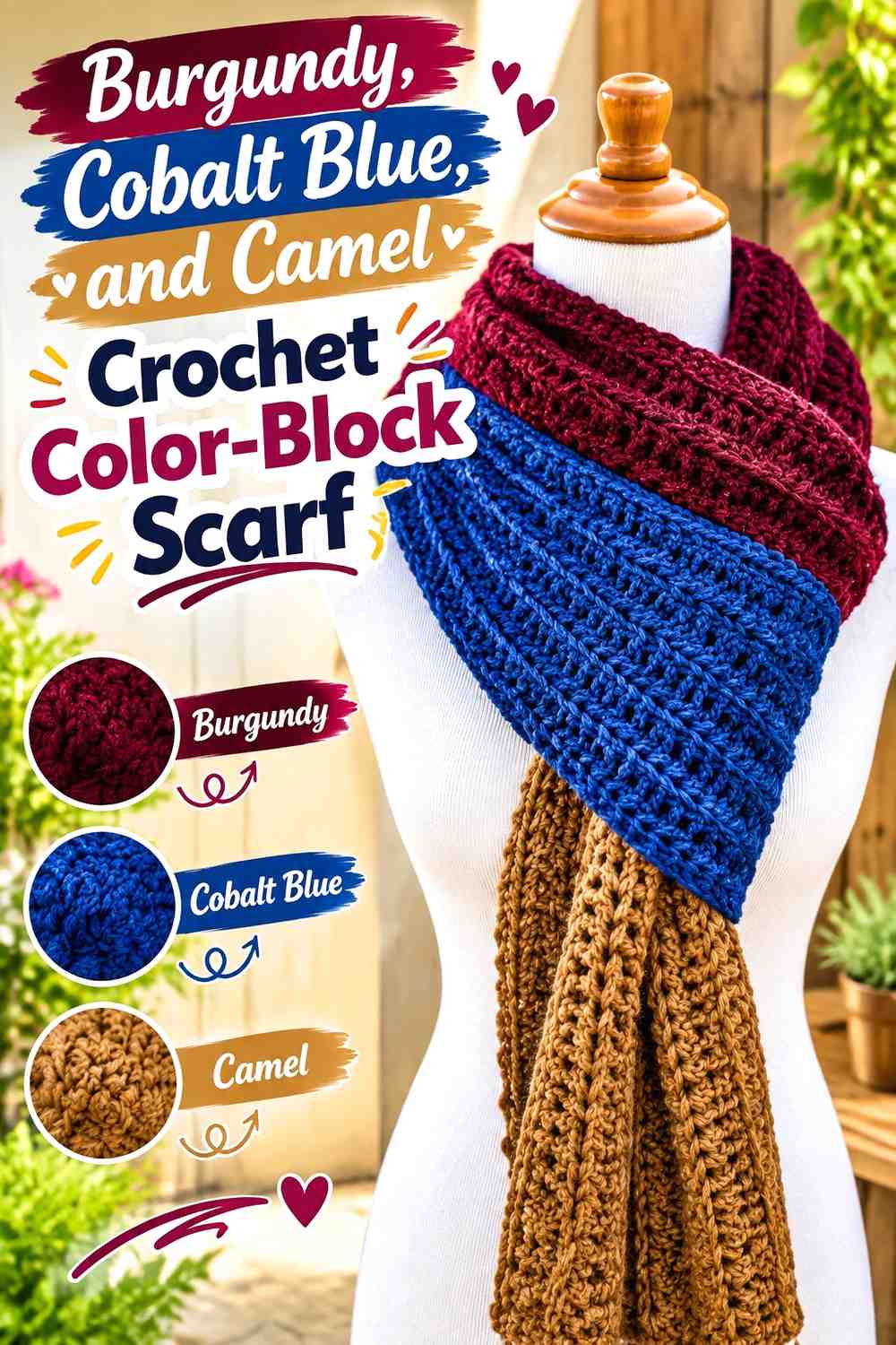 6. Burgundy Cobalt Blue And Camel Crochet Color Block Scarf