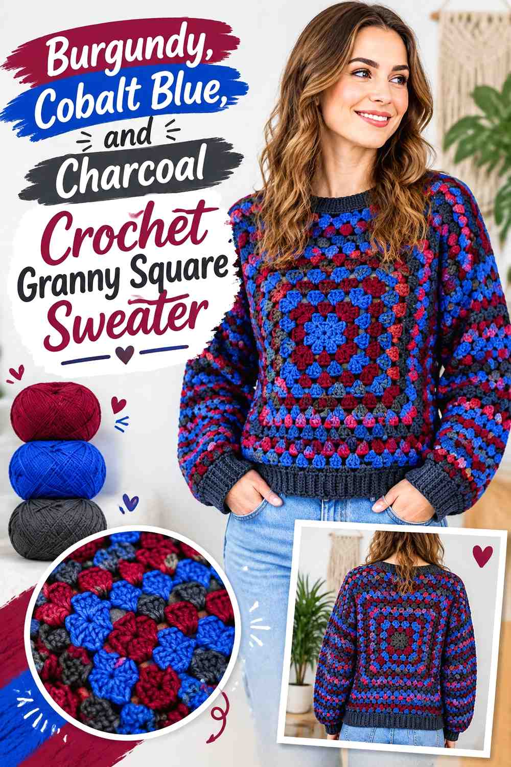 13. Burgundy Cobalt Blue And Charcoal Crochet Granny Square Sweater