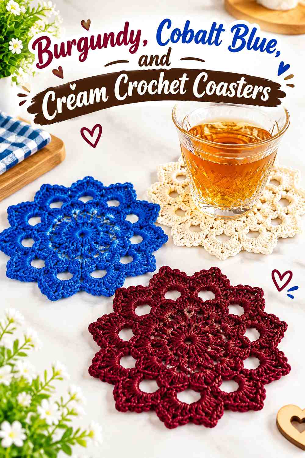 12. Burgundy Cobalt Blue And Cream Crochet Coasters