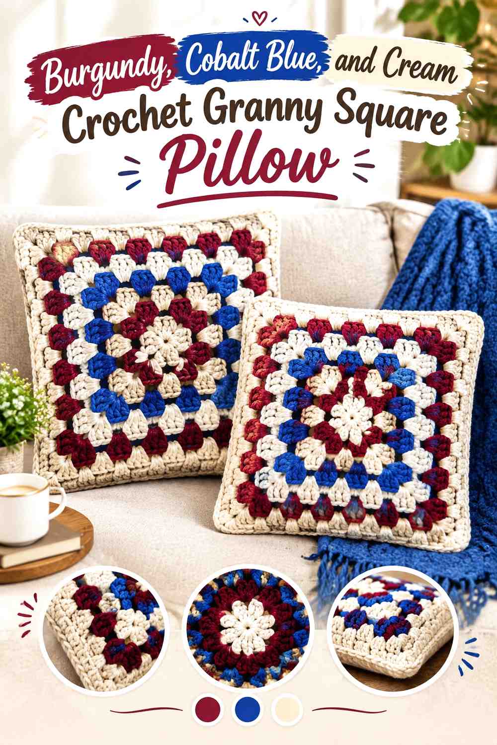 1. Burgundy Cobalt Blue And Cream Crochet Granny Square Pillow