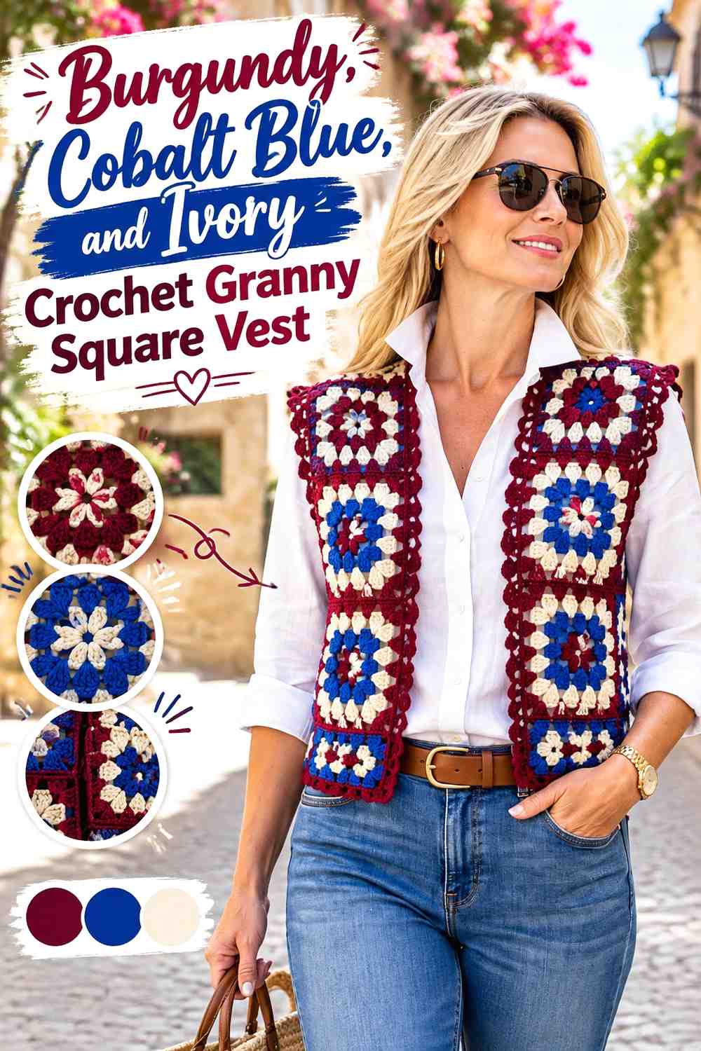 7. Burgundy Cobalt Blue And Ivory Crochet Granny Square Vest