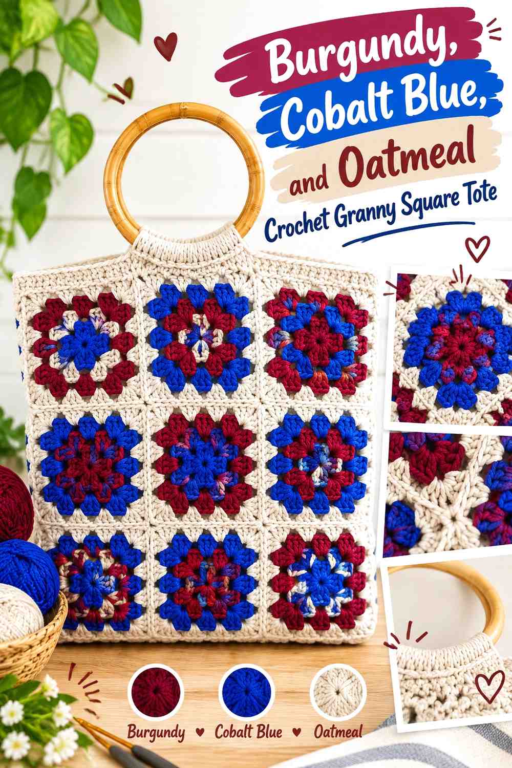 3. Burgundy Cobalt Blue And Oatmeal Crochet Granny Square Tote