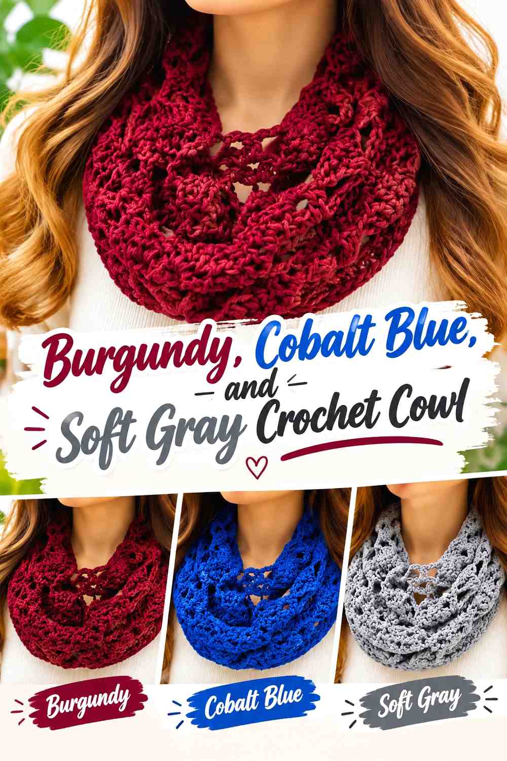 14. Burgundy Cobalt Blue And Soft Gray Crochet Cowl