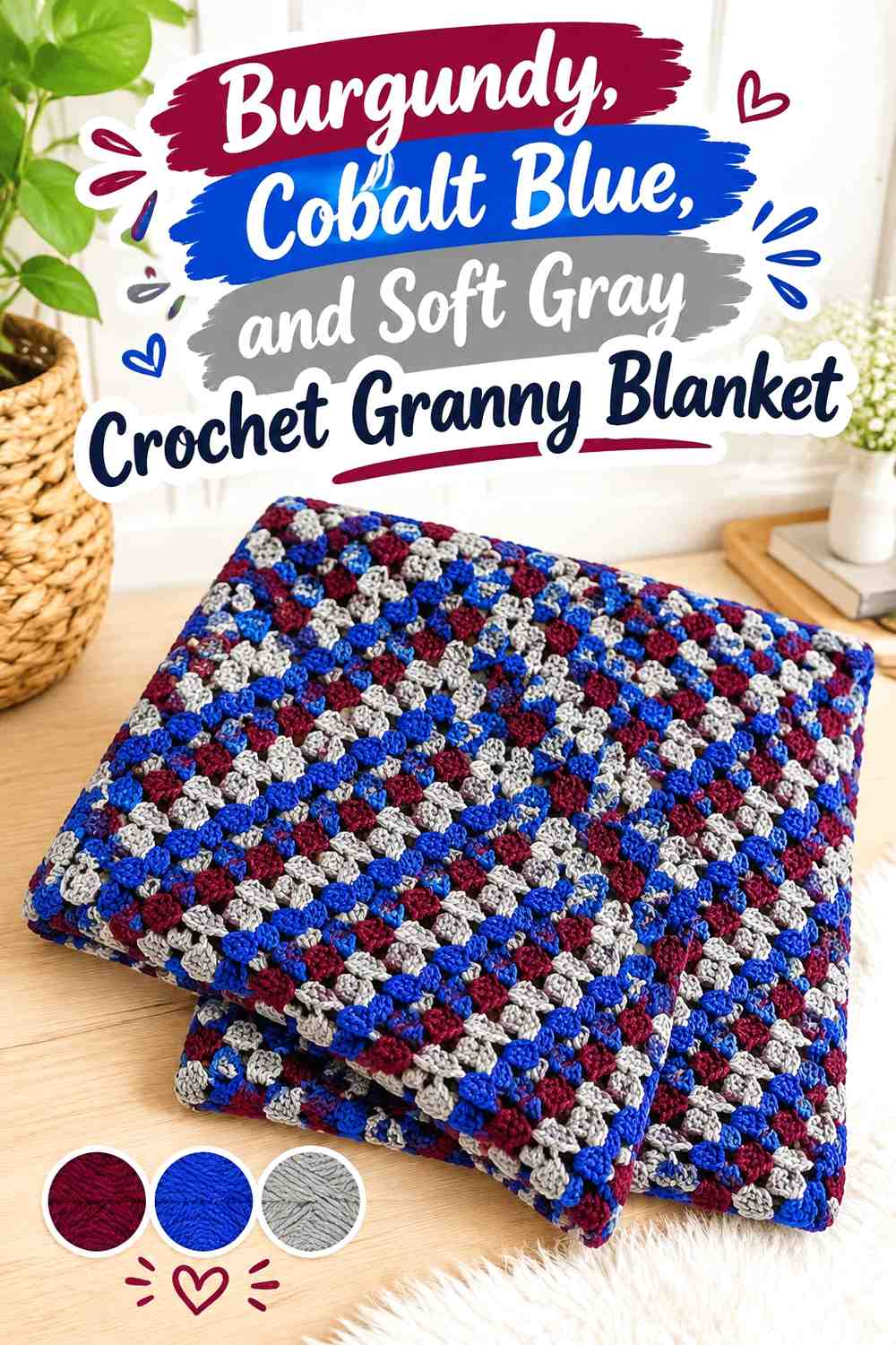 4. Burgundy Cobalt Blue And Soft Gray Crochet Granny Blanket