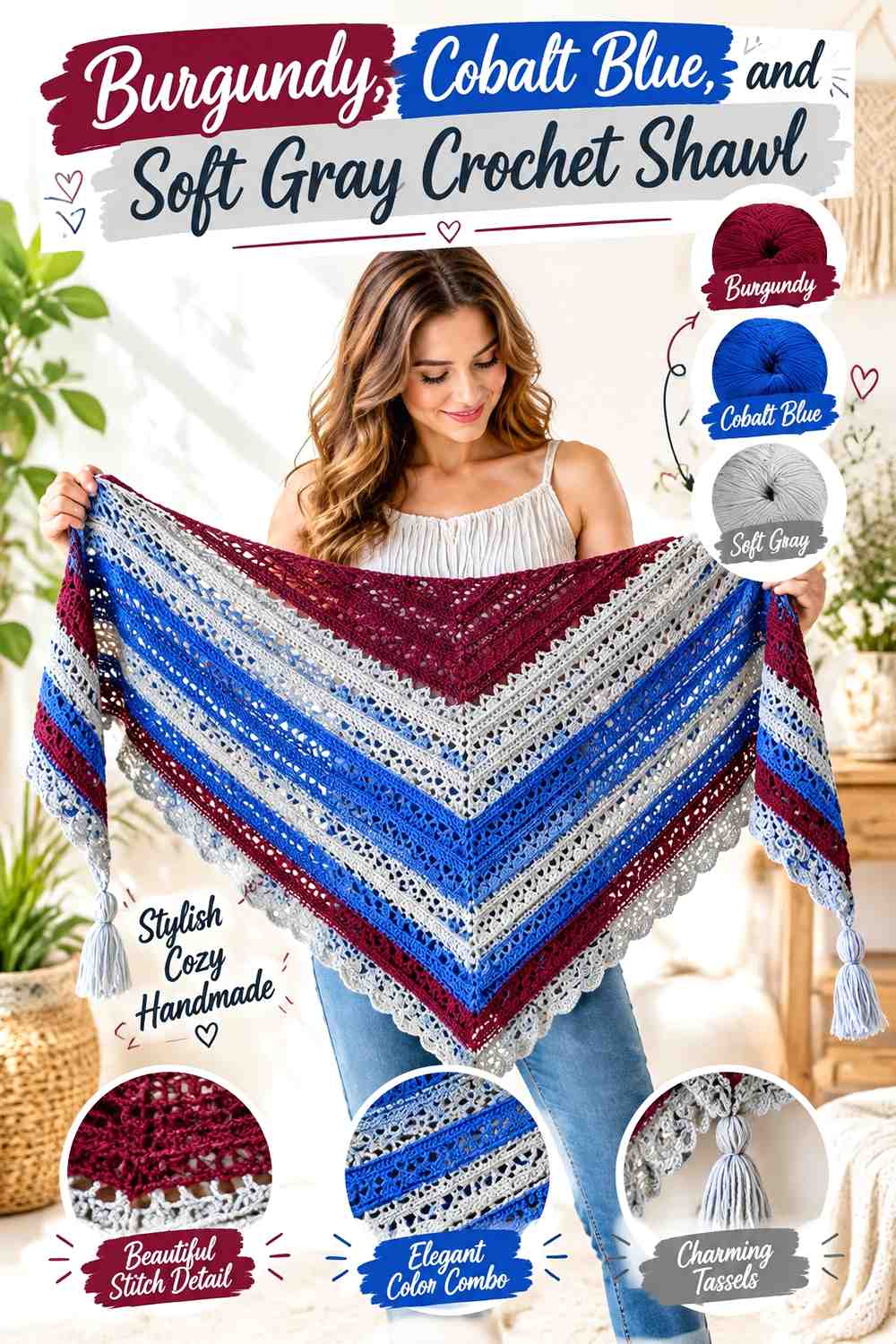 10. Burgundy Cobalt Blue And Soft Gray Crochet Shawl