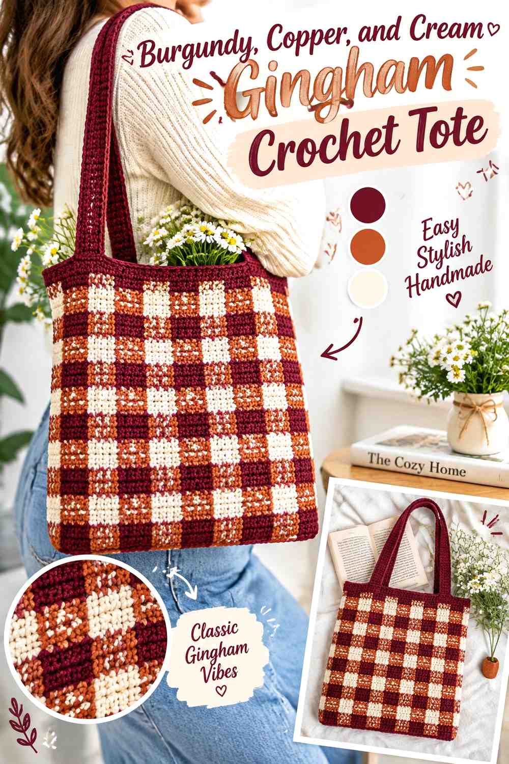 7. Burgundy Copper And Cream Gingham Crochet Tote