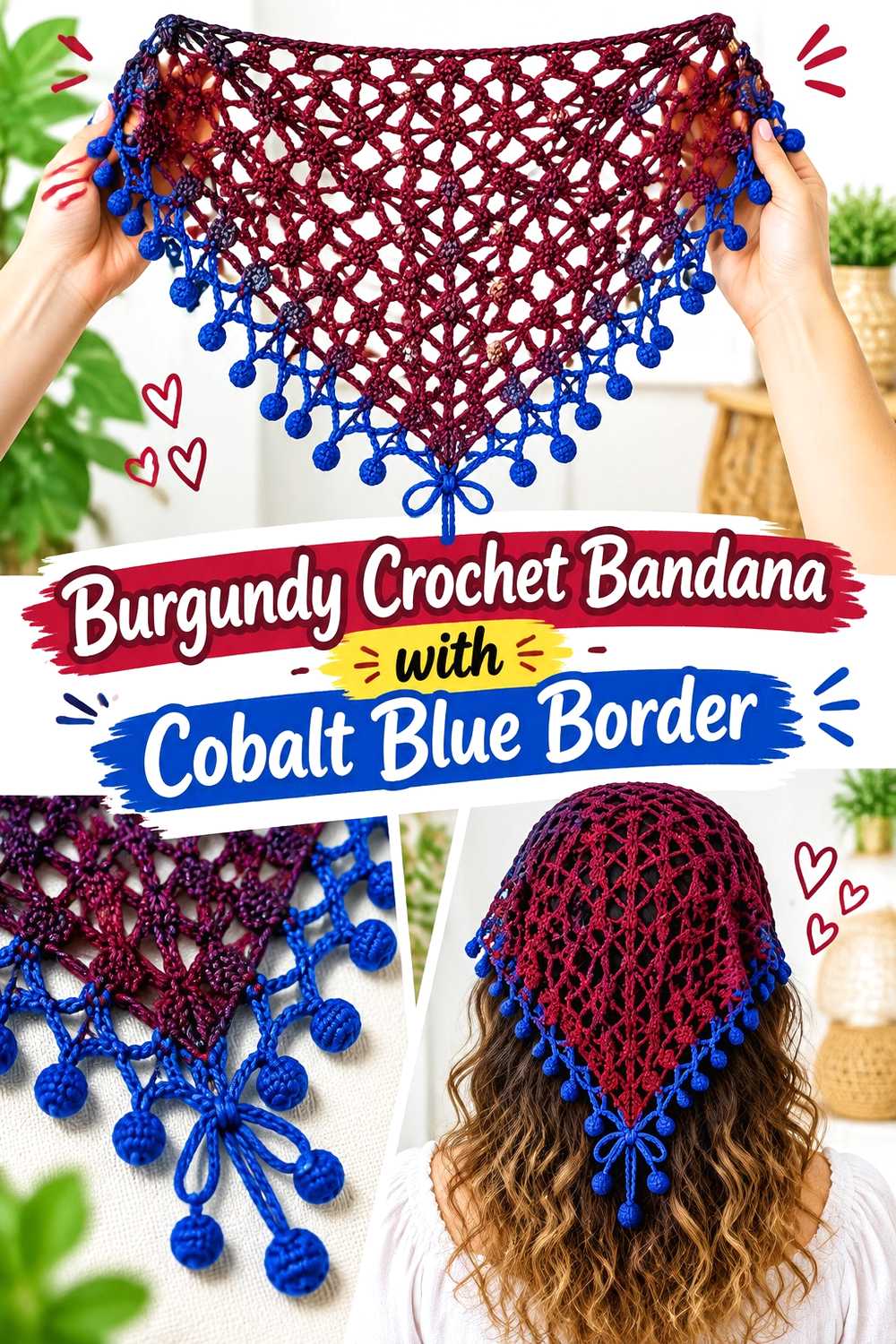 16. Burgundy Crochet Bandana With Cobalt Blue Border