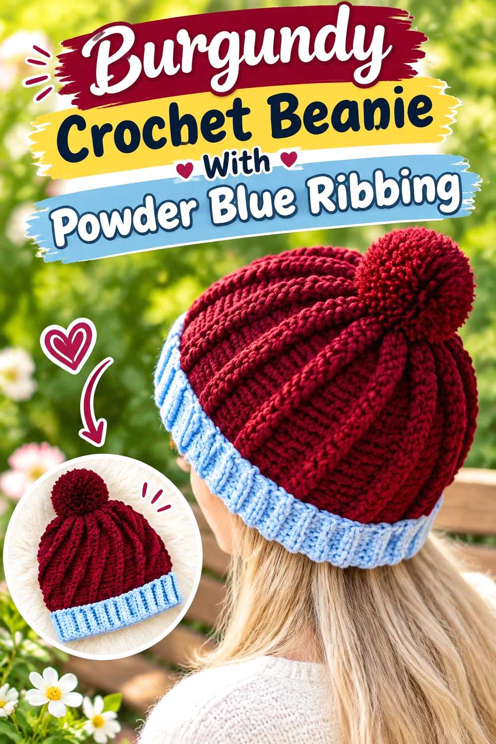 12. Burgundy Crochet Beanie With Powder Blue Ribbing